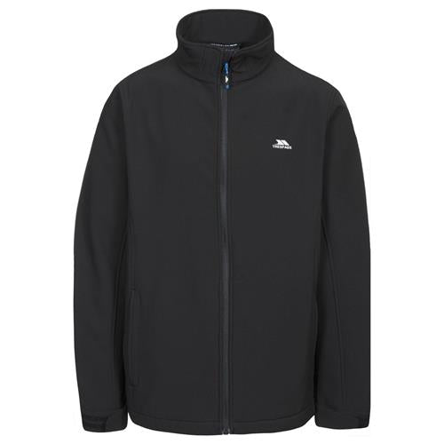 Front view of the black Trespass softshell jacket with full zip, stand collar and side pockets