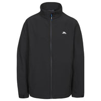 Front view of the black Trespass softshell jacket with full zip, stand collar and side pockets
