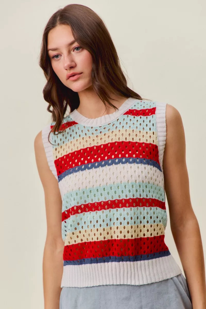 Women’s sweater knit tank top front view, light base with red and navy stripes