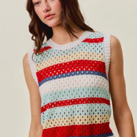 Women’s sweater knit tank top front view, light base with red and navy stripes