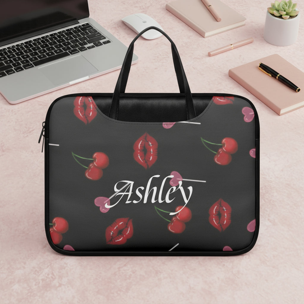 Leather Laptop Bag, Custom Cherry Sleeve, Personalized Womens Bag with Strap
