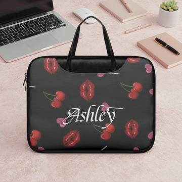 Leather Laptop Bag, Custom Cherry Sleeve, Personalized Womens Bag with Strap