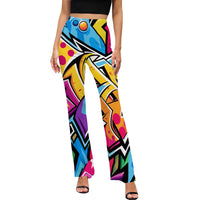 Graffiti Print High Waist Flared Pants Artistic Urban Style Trousers