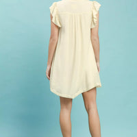 Cream ruffle-sleeve henley shift dress, back view with button placket detail