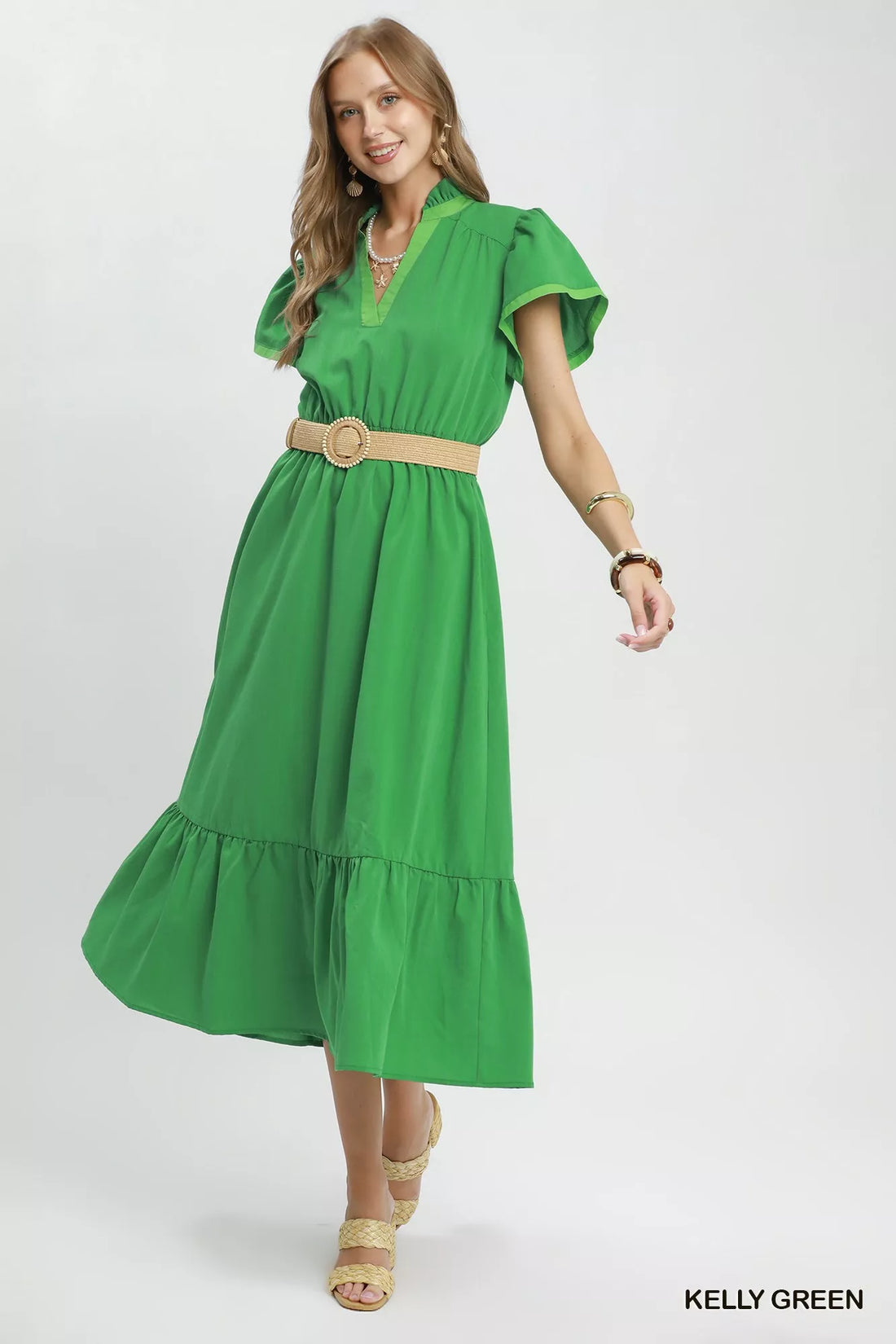 Kelly green midi dress with V-neck, flutter sleeves, smocked waist, waist belt
