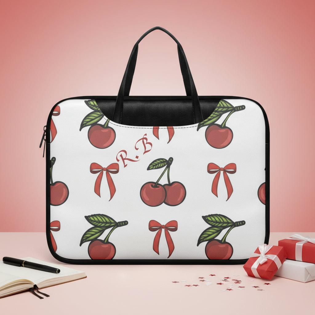 16 Inch Leather Laptop Bag | Personalized White Cherry & Red Bow Sleeve
