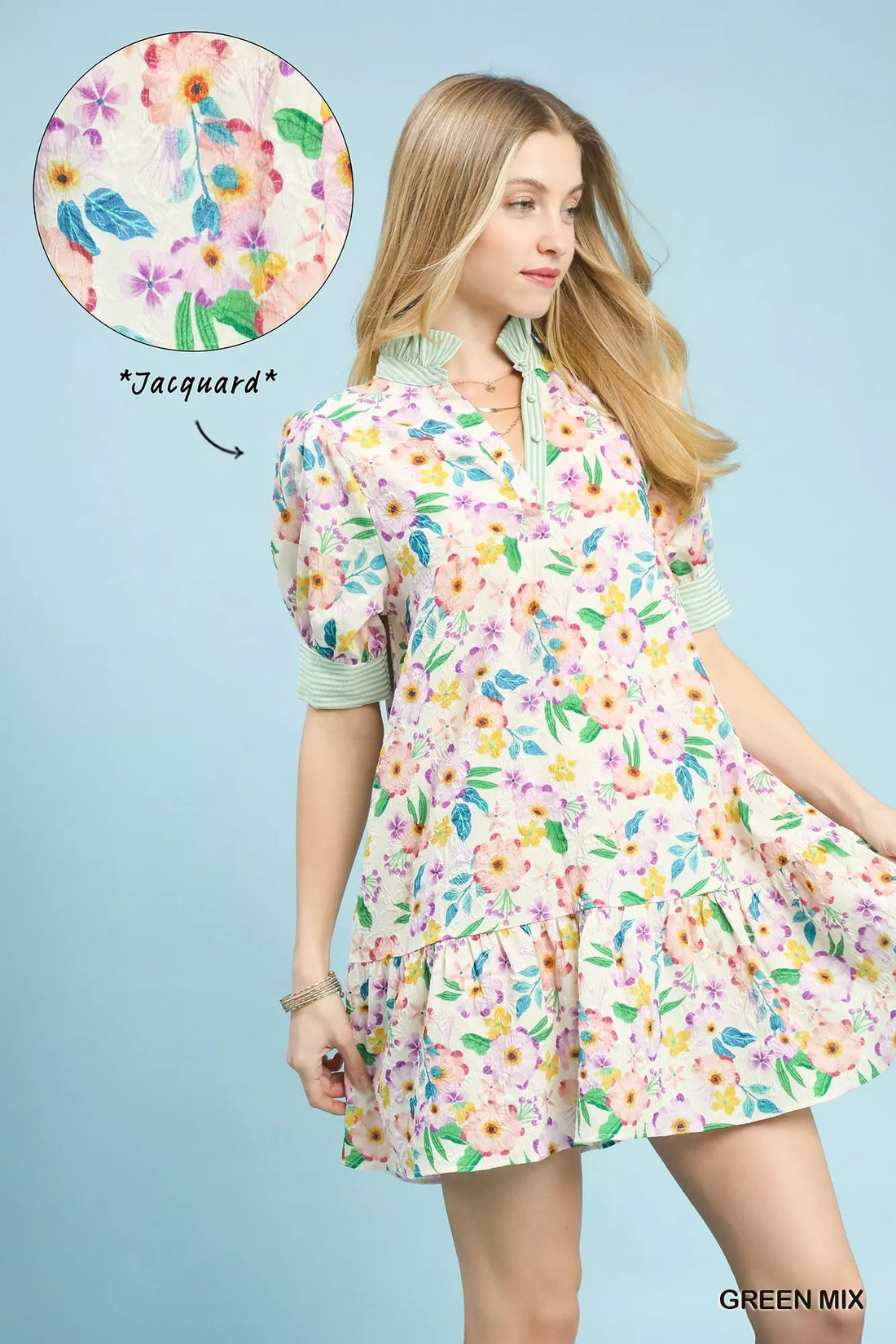 Green floral babydoll dress with ruffle collar, puff sleeves, tiered skirt