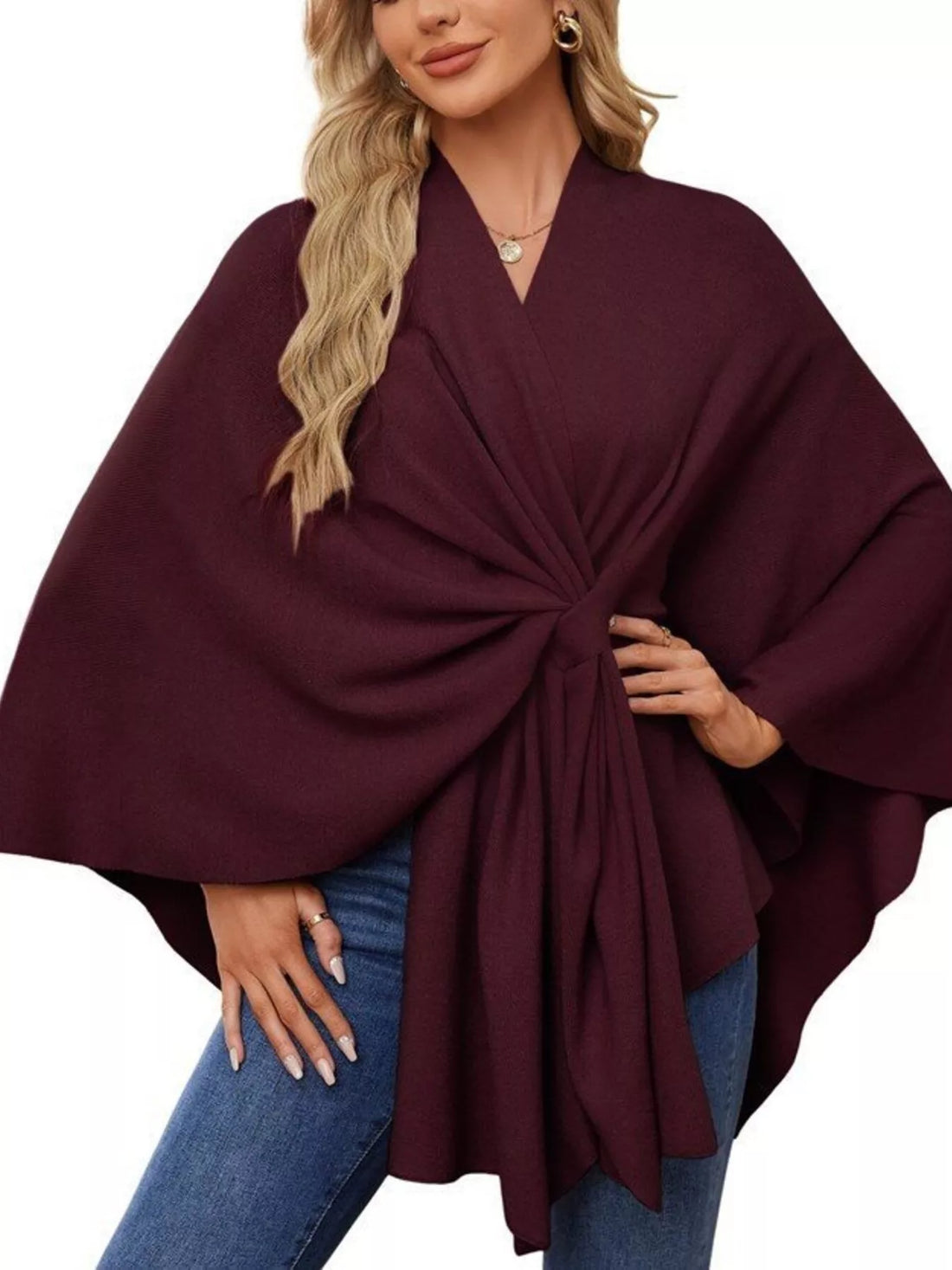 Burgundy women’s cape shawl with front tie knot and draped cape-like sleeves
