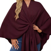 Burgundy women’s cape shawl with front tie knot and draped cape-like sleeves
