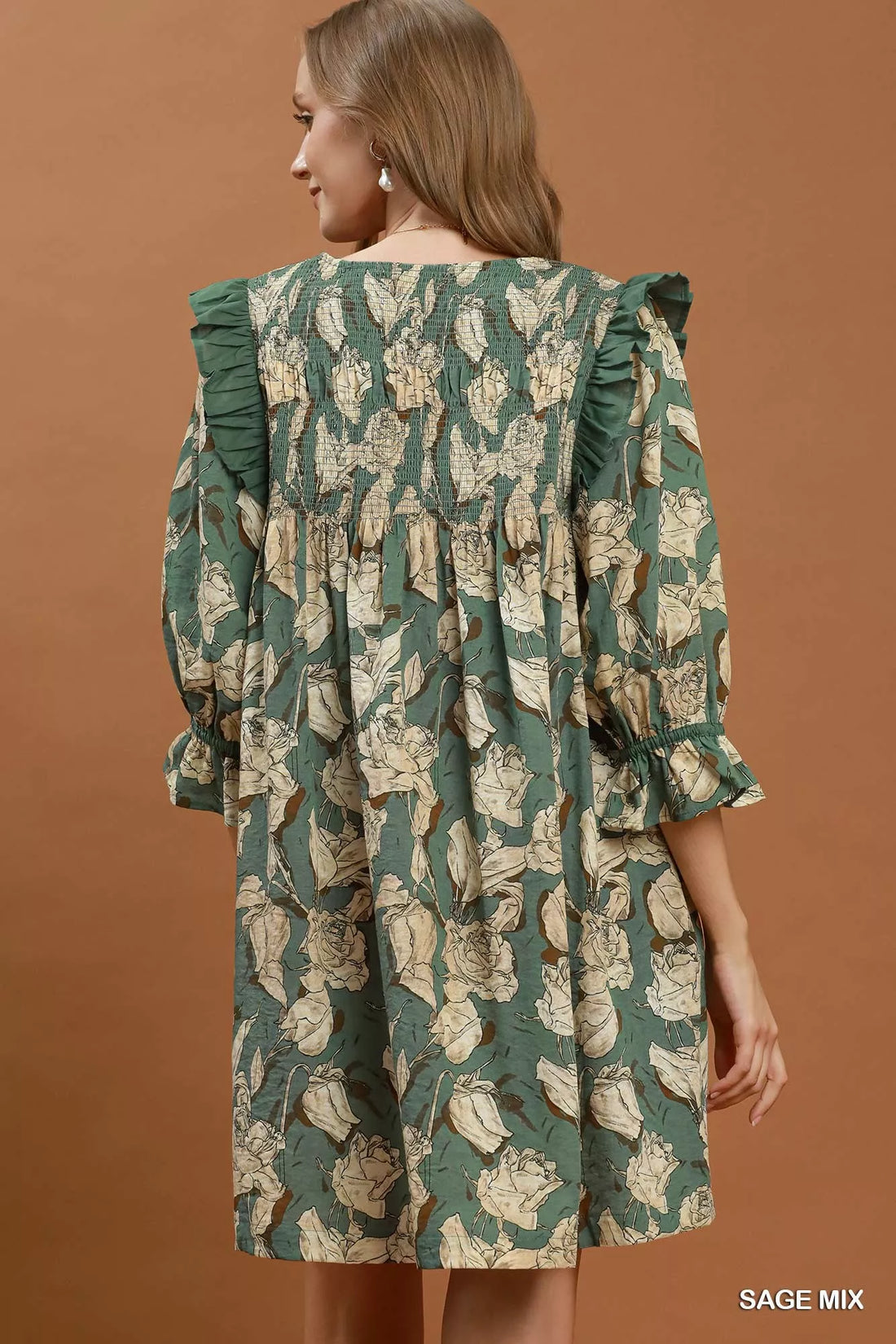 Sage floral smocked ruffle flowy dress with tiered back and puff sleeves