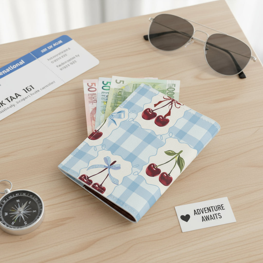 Passport Cover, Personalized Travel Wallet , Custom Blue Gingham Cherry Print, Fun Travel Holder Accessory