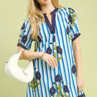 Blue and white striped short dress with navy trim, floral print, short puff sleeves
