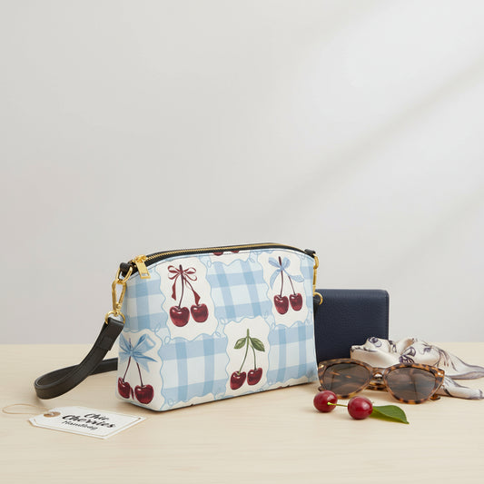 Cross Body Purse, Personalized Cherry Gingham Crossbody Dual Strap PU Leather, Custom Shoulder Bag