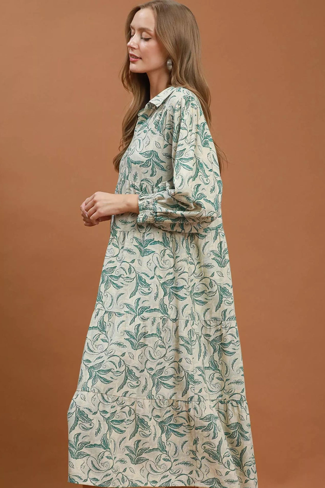 Green linen botanical print tiered midi dress, long sleeves, V-neck front