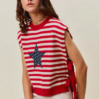 Red and ivory striped sleeveless vest top with navy star patch and tied side accents