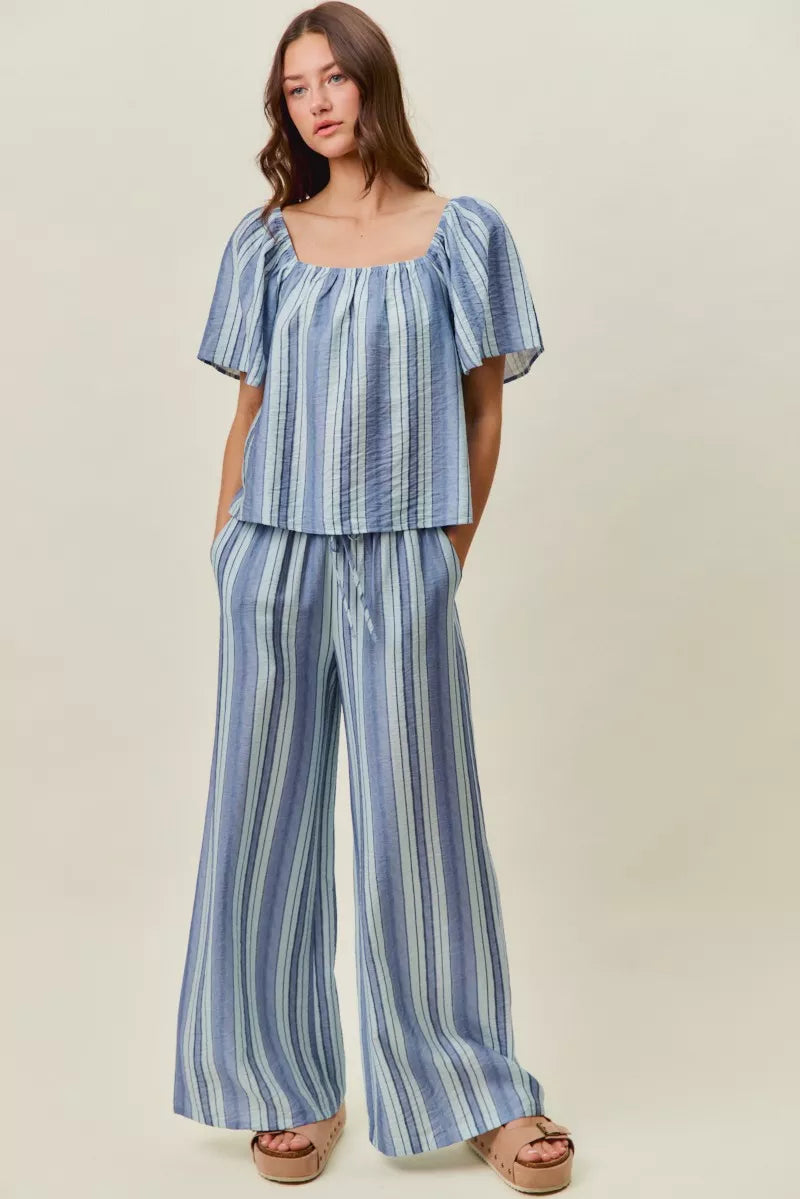 Blue striped wide-leg pull-on pants, flowing straight legs with elastic waist