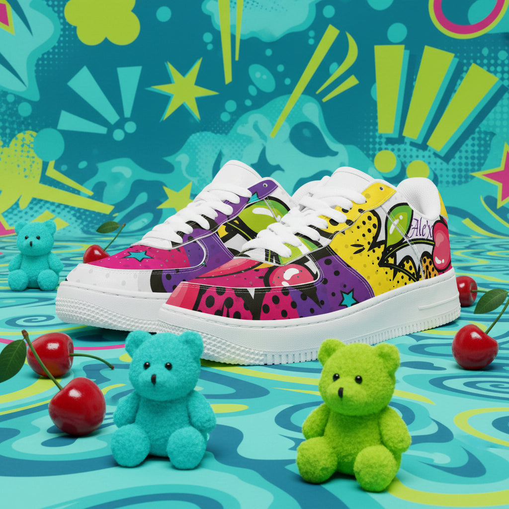 Custom Comic Book Low Top Sneakers | Retro Pop Art Superhero Cherry Print