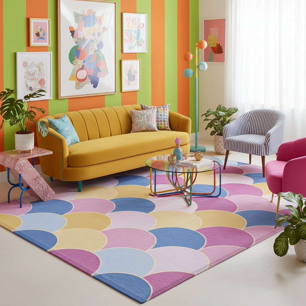 Geometric rug with scallop arc pattern in purple, blue, yellow, and cream, rectangular.