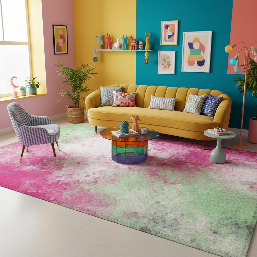 Large rectangular abstract rug with pink and green faded blotch pattern.