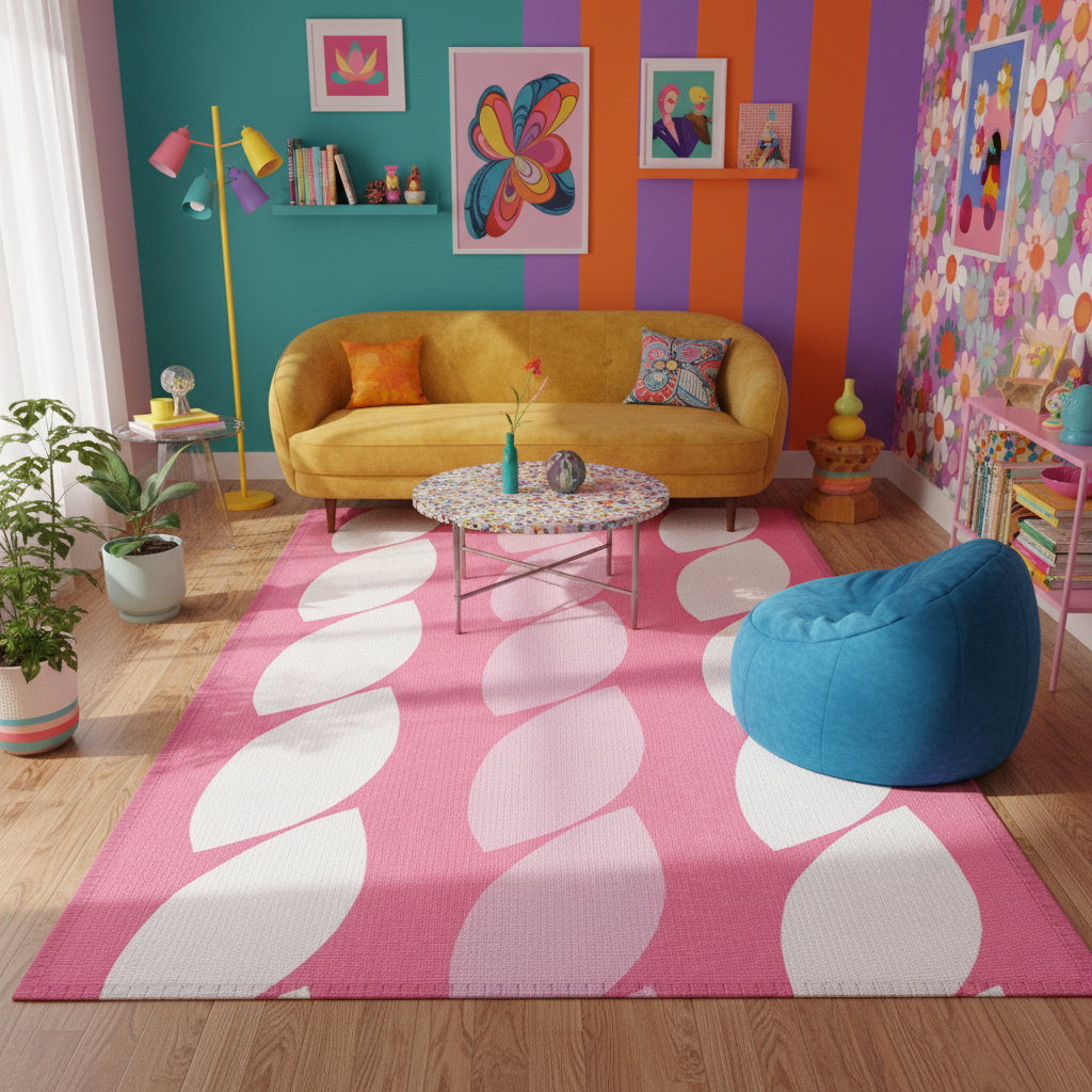 Pink and white abstract geometric rug with large interlocking rounded shapes