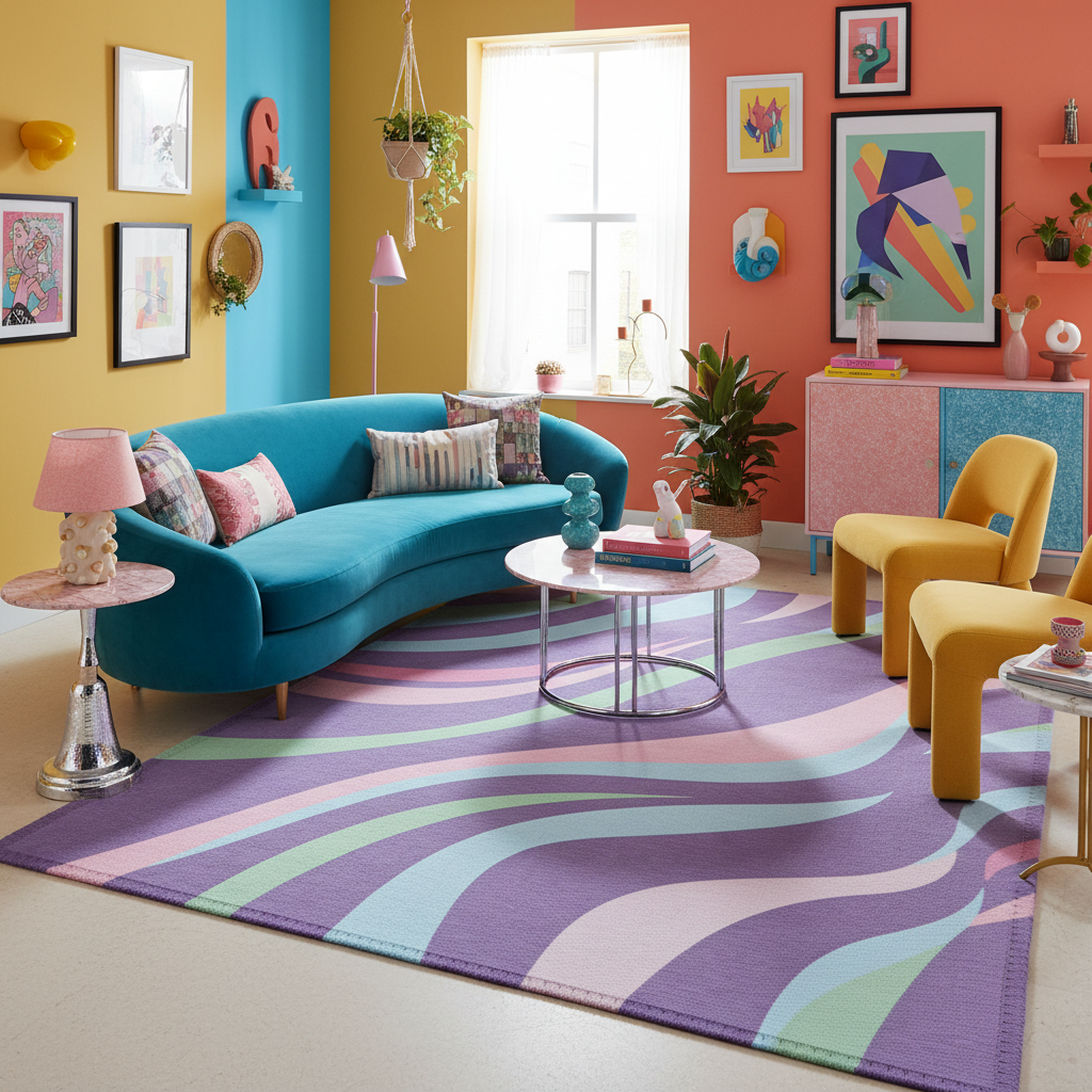 Purple wavy striped geometric rug with mint and teal bands, large rectangular.