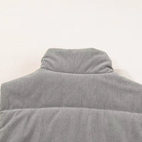 Gray corduroy puffer vest back view with stand collar and quilted padded construction.