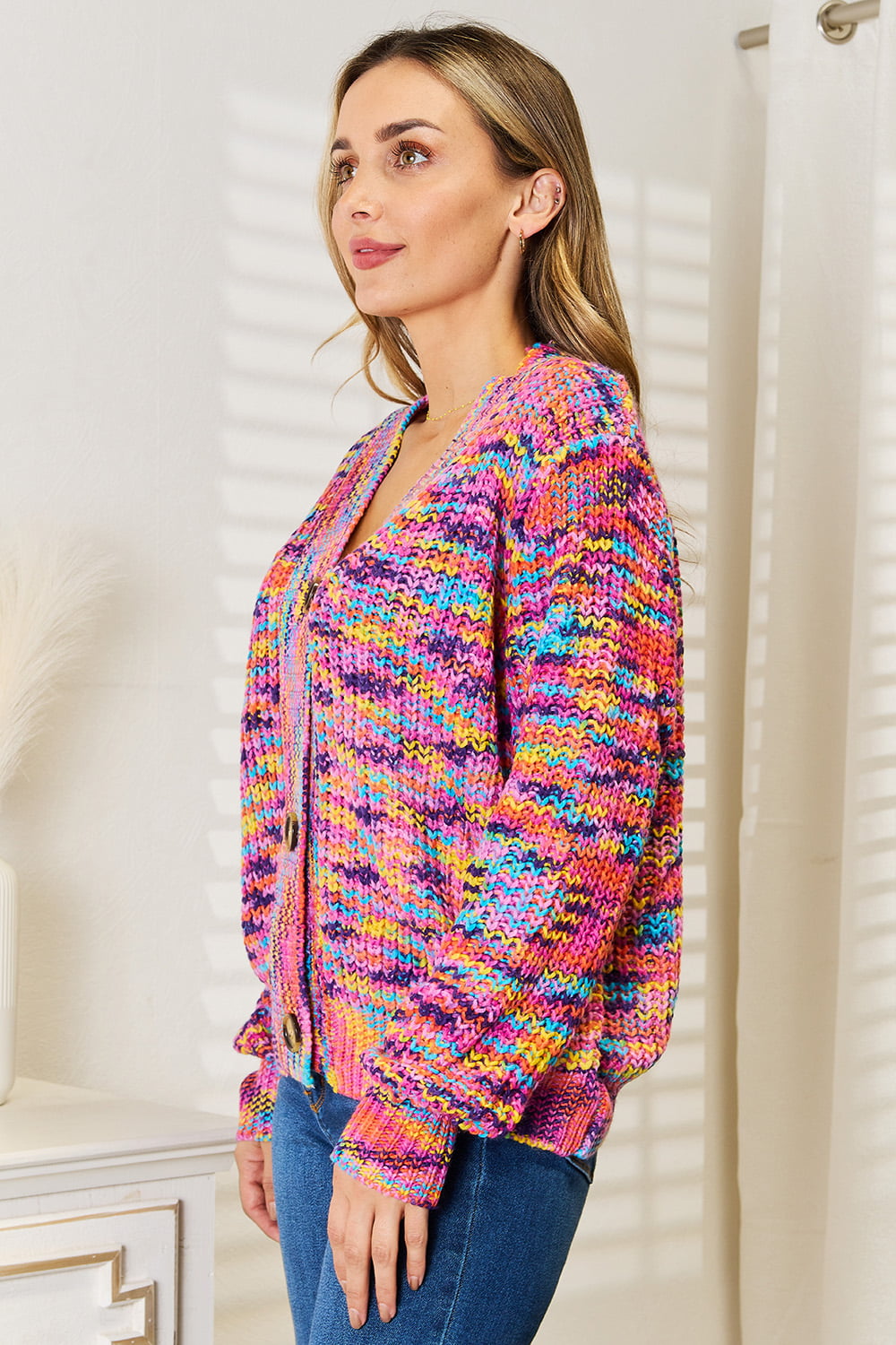 Multicolor v-neck long-sleeve button-front cardigan, knit texture and ribbed cuffs