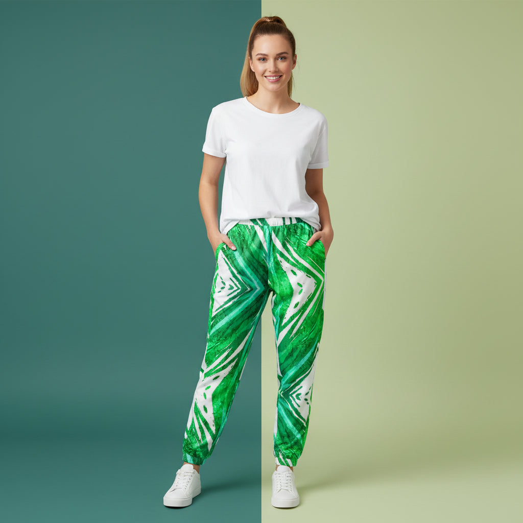 Green And White Track Pants | Unisex All-Over Print Streetwear Joggers