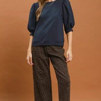 Navy puff-sleeve crew sweatshirt with three-quarter sleeves