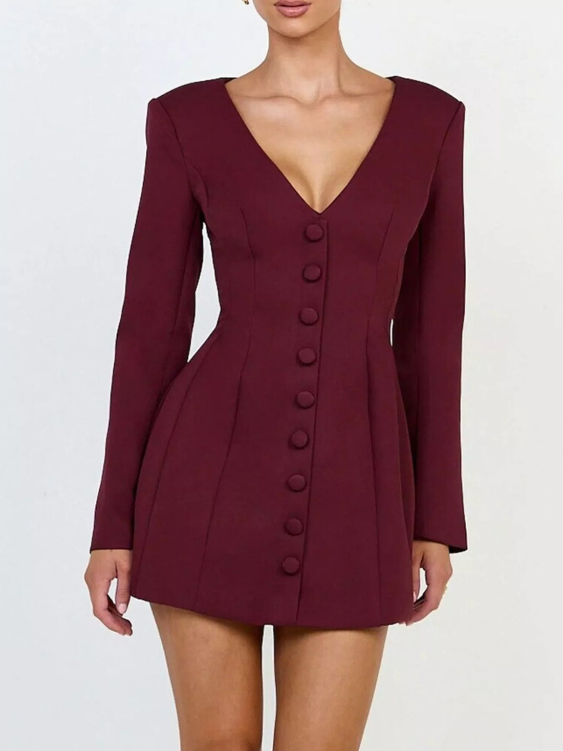 Wine red blazer dress front view with deep V-neck and button front