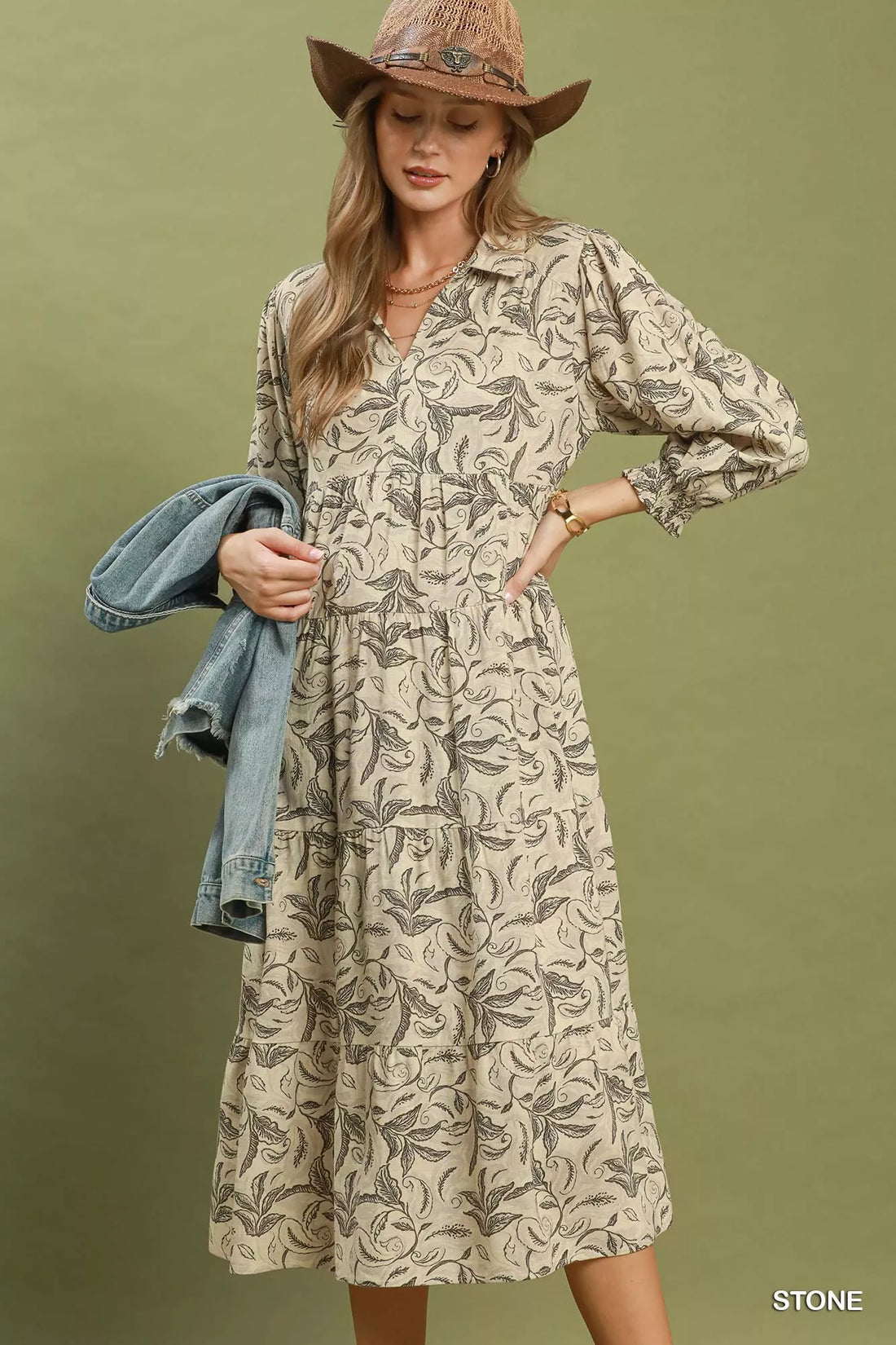 Beige botanical-print tiered midi dress, long sleeves and gathered tiered skirt