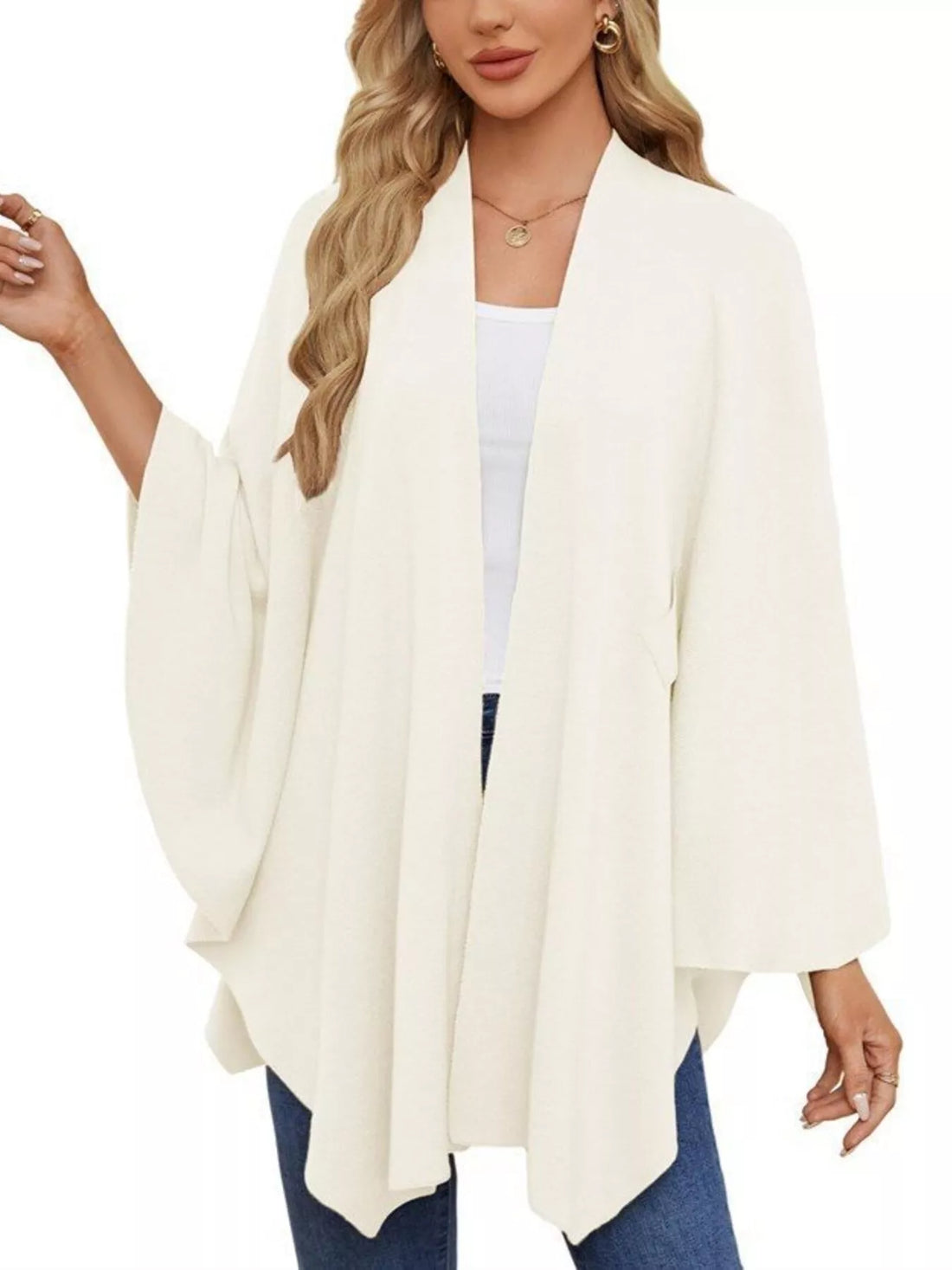 Ivory women’s shawl cape with open front drape and tied waist detail