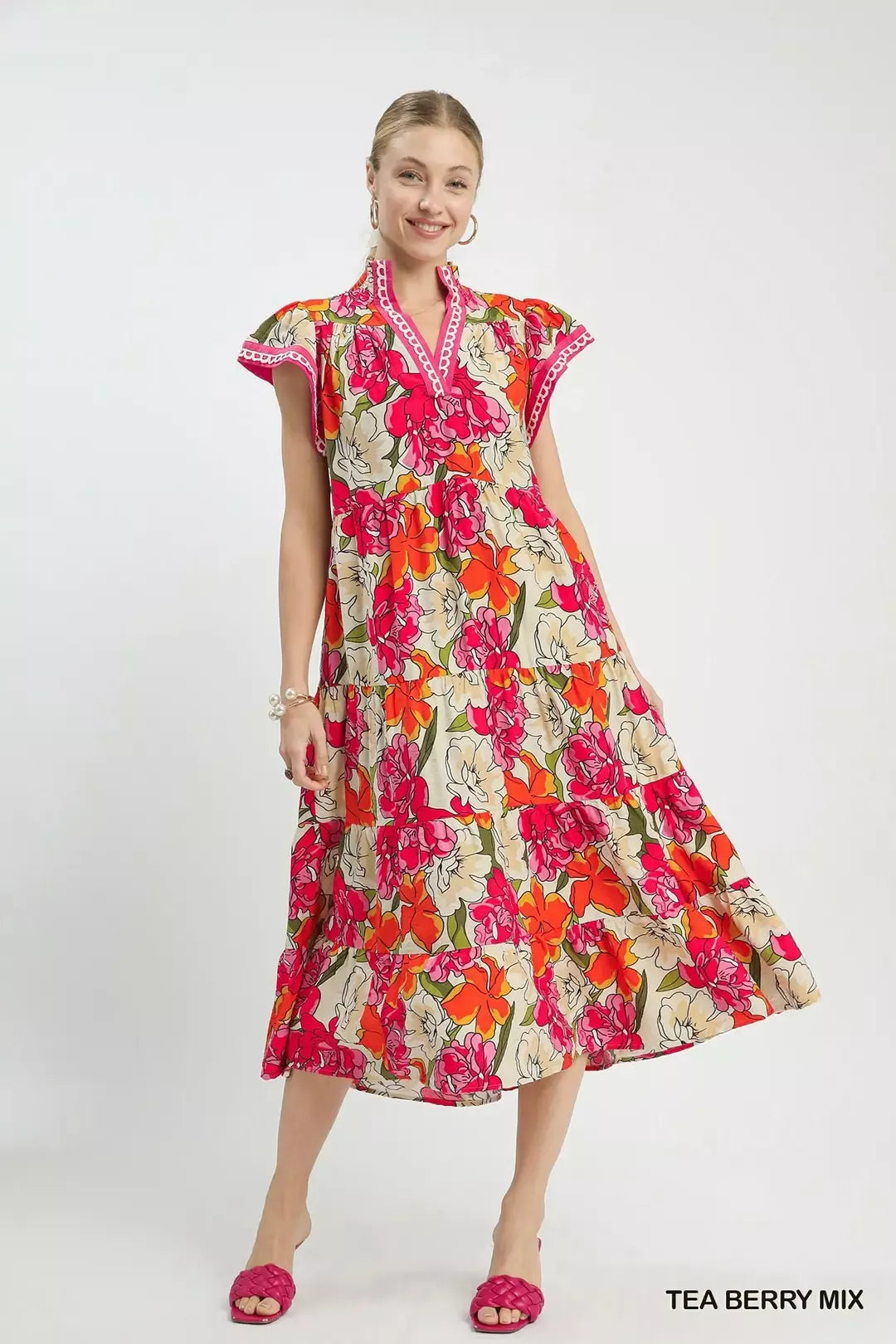Floral tiered midi dress with short cap sleeves and V-neck, pink and cream blossoms