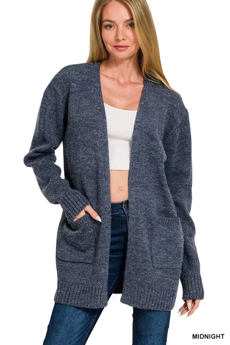Midnight open-front knit sweater cardigan with two front pockets and long sleeves