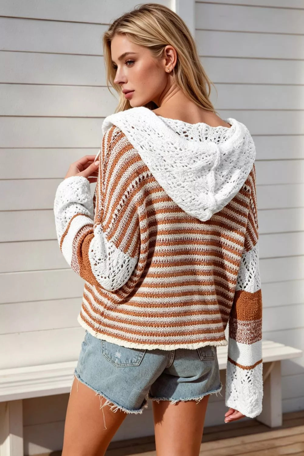 Camel and white striped hooded sweater with long sleeves and openwork knit