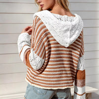 Camel and white striped hooded sweater with long sleeves and openwork knit