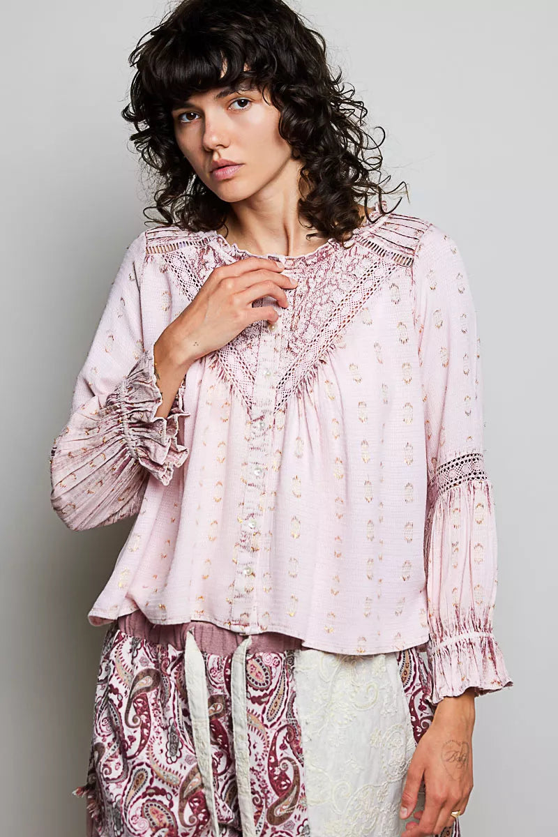 Rose pink lace-trim blouse with pintuck yoke, gathered cuffs, and ruffled neckline