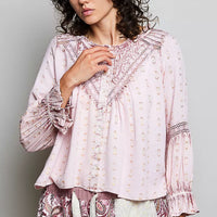 Rose pink lace-trim blouse with pintuck yoke, gathered cuffs, and ruffled neckline