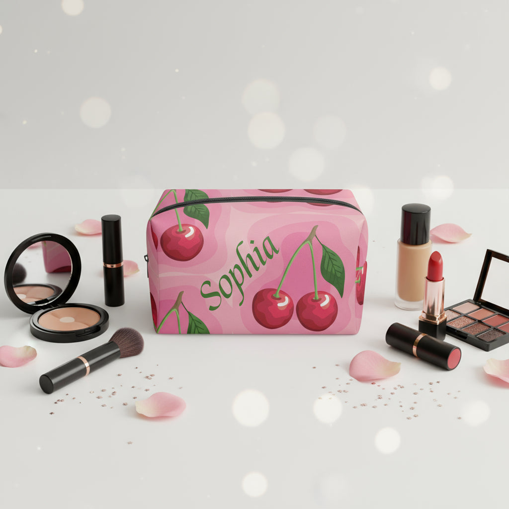 Cherry Makeup Bag | Personalized Pink Boxy Cosmetic Case