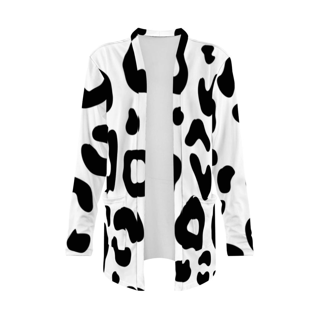 White Leopard Print Open-Front Cardigan with Pockets