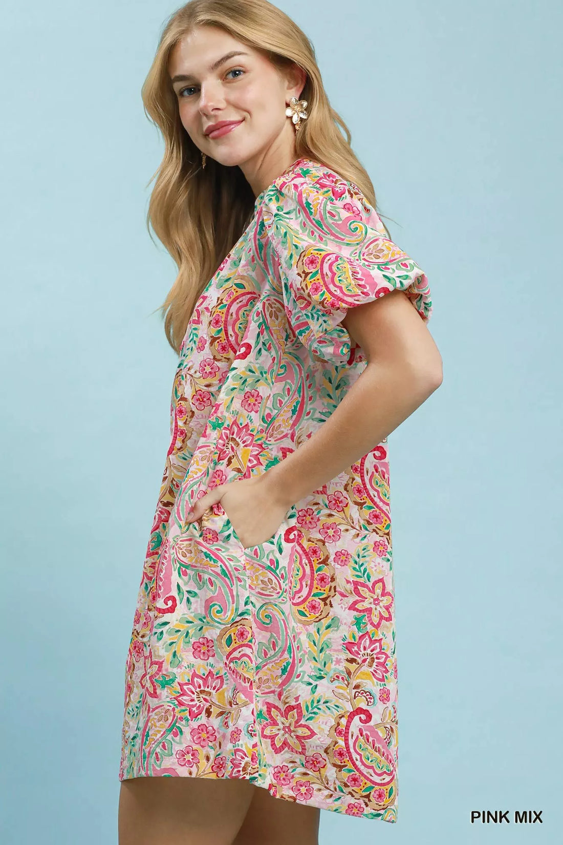Pink mix paisley floral shift dress with short puff sleeves, side view