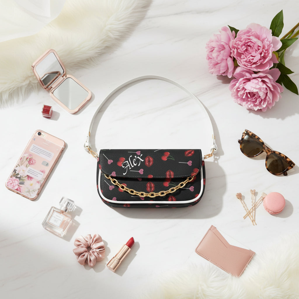 Shoulder Bag Black Small | Personalized Cherry Lips Underarm Purse