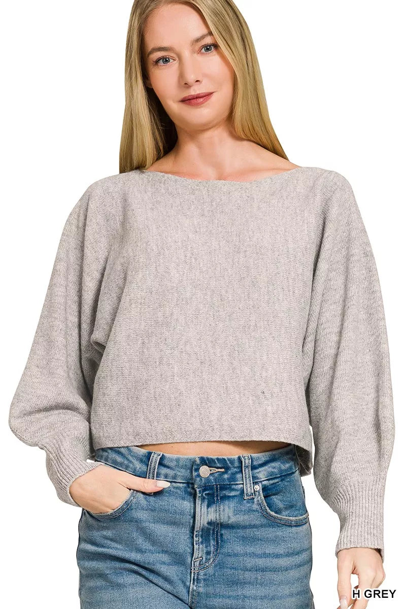 Grey knit boat-neck sweater with wide balloon sleeves, cropped hem