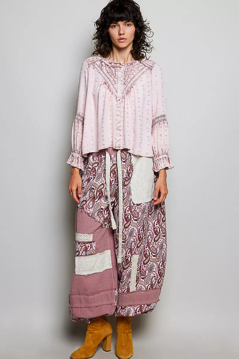 Rose pink lace-detail peasant blouse with long ruffled sleeves and gathered neckline