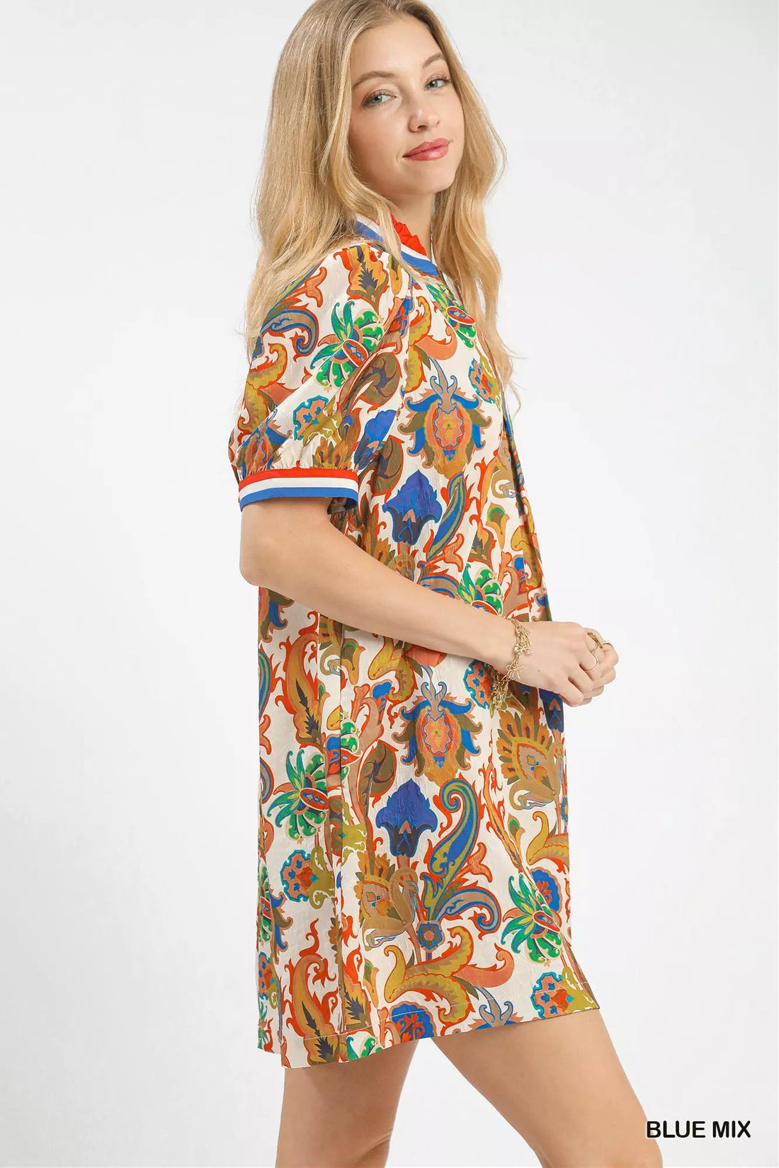 Blue mix abstract print mini dress with short sleeves and collared neckline