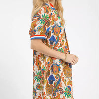 Blue mix abstract print mini dress with short sleeves and collared neckline