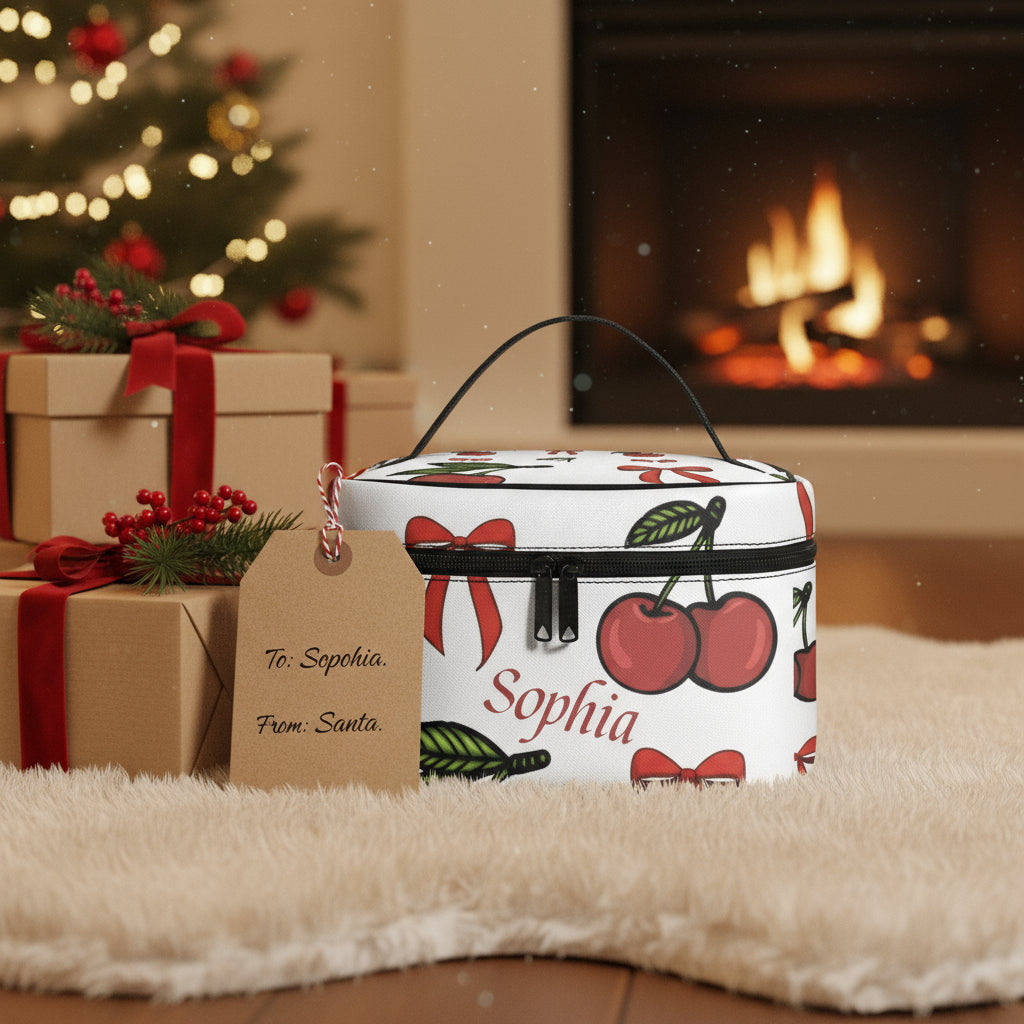 Custom Makeup Bag, Cherry Christmas Travel Make up Personalized, PU Leather Festive Cosmetic Case