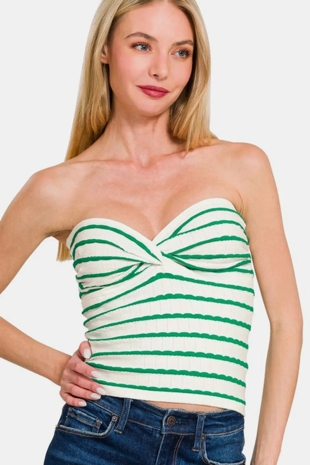 Green striped tube top with twisted sweetheart neckline, strapless