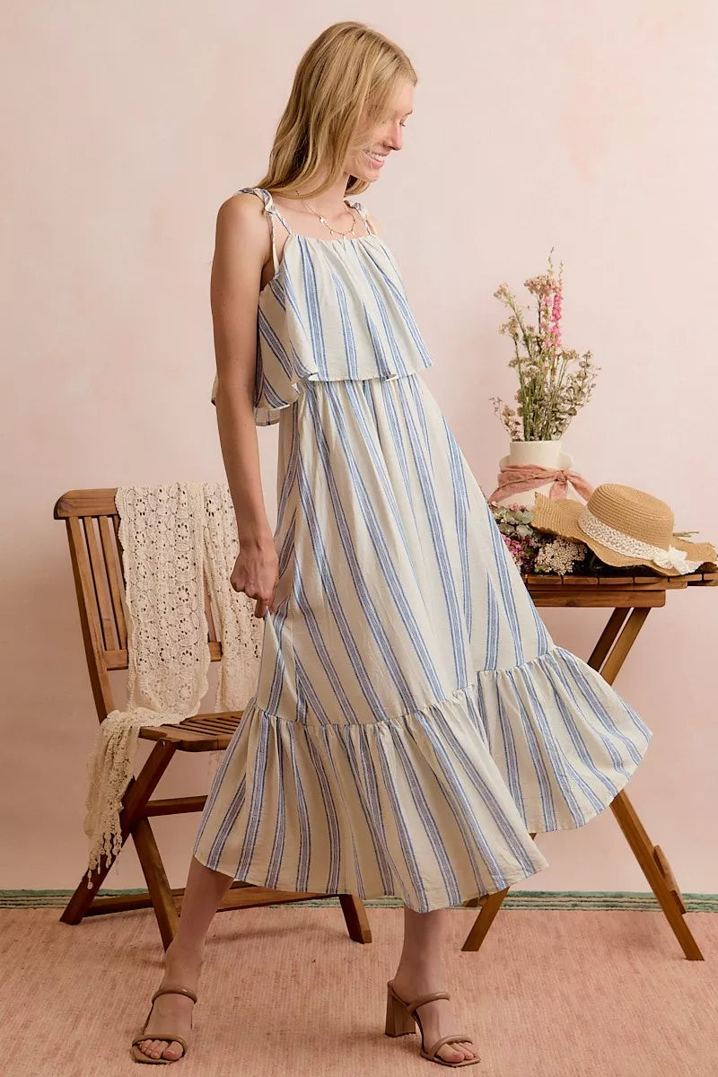 Blue and white striped sleeveless tiered midi dress with ruffle neckline