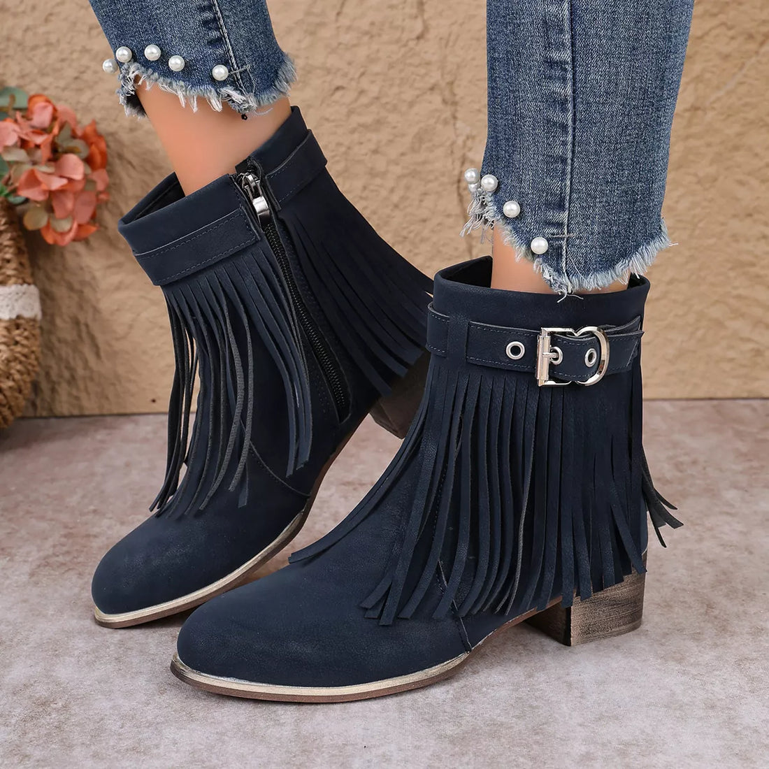 Navy suede fringe ankle boots with front buckle strap and block heel